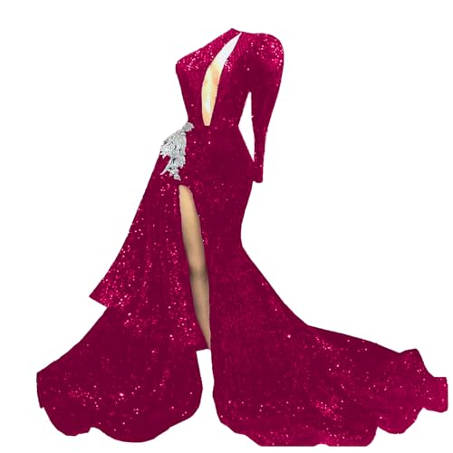 Engerla Sequins High Split Mermaid Evening Dress One Sleeve Applique Bead Prom Gown Celebrity Dresses