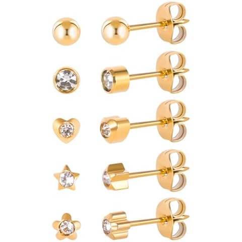5 Pairs G23 Titanium Ear Piercing Stud Earrings for Sensitive Ears, Cubic Zirconia Stud Earrings Set for Ear Piercing Guns (Gold) Cover