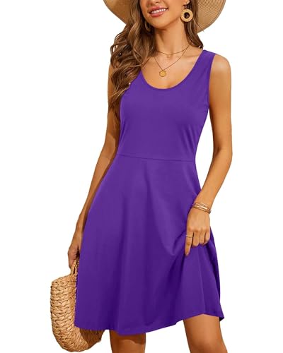 STYLEWORD Sommerkleid Damen Sommer A Linie Knielang Kleid Einfarbig Ärmellos Freizeitkleid(Violett,XL)