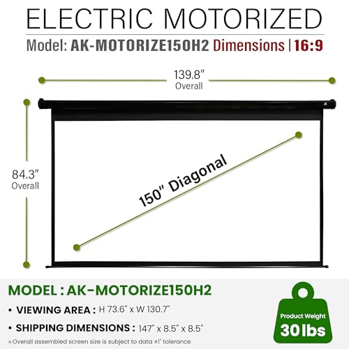 Image of Akia Screens 150 inch Motorized Projector Screen, 16:9 Electric Remote Controlled Retractable Drop Down Projection Screen, Ceiling or Wall Mount, 8K 4K HD Ready, Black Housing, AK-MOTORIZE150H2.