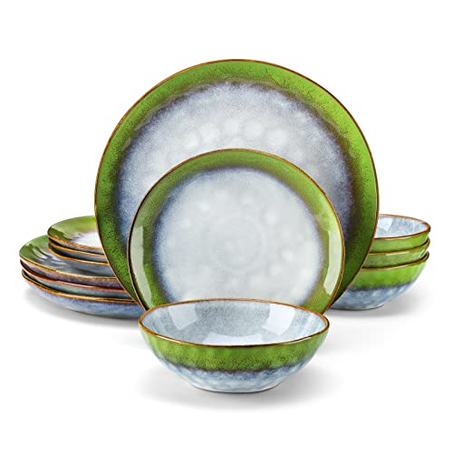 vancasso Starry 12 Pieces BlueGreen Dinnerware Set, Reactive Change Glaze Dinner Set, Plates