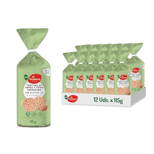 El Granero Integral - Pack de 12 Unidades de 115 g de Tortitas Ecológicas de Arroz Integral y Trigo Sarraceno - 115 g - Sin Azúcar Añadido y Sin Gluten - Aptas para Veganos