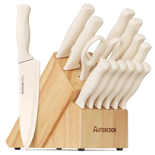 Astercook Knife Set, 15 Pieces Kitchen Knife Set with Sharpener Block, German Stainless Steel Knives Set with Anti-Rust Coating, Dishwasher Safe Elegant Cream White Knife Block Sets