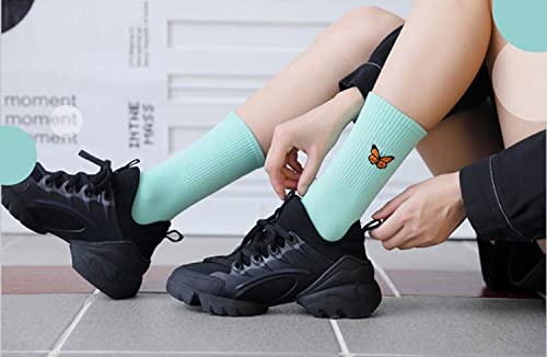 Image of Womens Calf Socks Embroidery Crew Socks Casual Dress Socks Cute Butterfly Socks For Girls 3 Pairs