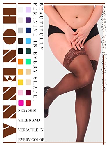Image of HONENNA Plus Size Thigh High Stockings, Semi Sheer Stay Up Lingerie Lace Top Pantyhose for Curvy Women