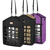 HAYSRMAN Innovative Hay Bags for Horses, Goat Hay Feeder with Reinforced Oxford Fabric and High Strength Metal Clasp,Horse Feeding Supplies with Adjustable Strap for Easy Hanging (2 Black+1 Purple)