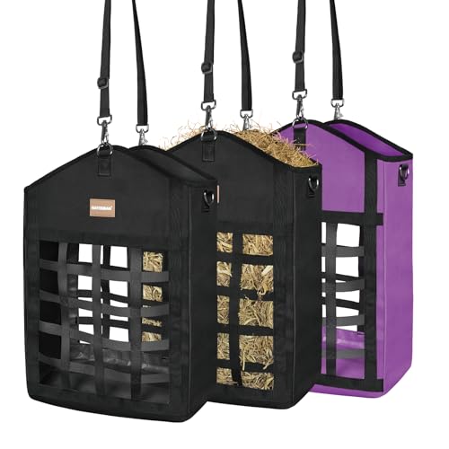 HAYSRMAN Innovative Hay Bags for Horses, Goat Hay Feeder with Reinforced Oxford Fabric and High Strength Metal Clasp,Horse Feeding Supplies with Adjustable Strap for Easy Hanging (2 Black+1 Purple)