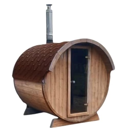 Tonneau Sauna d'extérieur en kit chaudière au bois COMPRISE, épicéa naturel, 2 à 4 personnes 2,20m x diam 1,96m / hauteur 2,15m shingle rouge