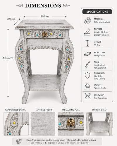 Image of Multipurpose Table Outdoor Indoor Stool Flower Vase Stool with One Drawer Material Mango Wood Size 30.5CM x 30.5CM x 53.3CM (Lite Grey Antique)