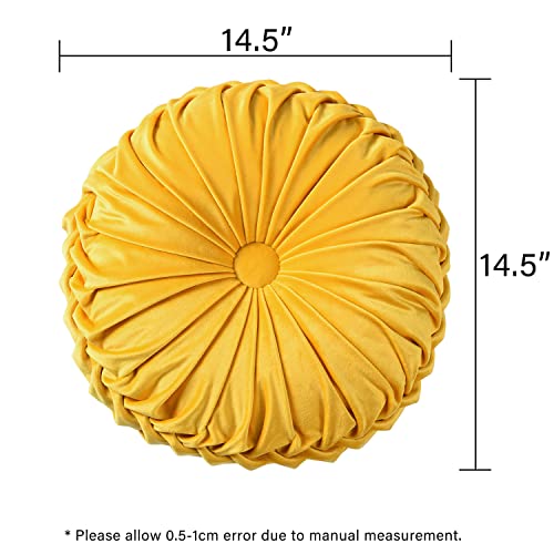 Image of HIG Set of 2 Decorative Round Pleated Throw Pillows, Classy Accent Pumpkin Throw Pillows with Center Button, Vintage Velvet Floor Pillow for Sofa Couch Vanity Chair Bed, Yellow, 14.5 inch Diameter(RIPPLE)
