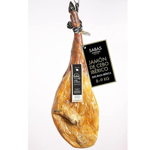 SABE A SABAS Jamon Iberico de Cebo 50% Raza Iberica Pieza Entera 8-9 kg Curacion Bodega Natural Mas de 30 Meses Sin Gluten Jugoso Gourmet Regalo Celebracion Aperitivo Navidad Tabla