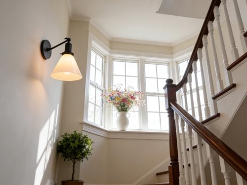 Image of PERMO Industrial Vintage Slope Pole Wall Mount Single Sconce with Funnel Flared Milk White Glass Shade Matte Black Wall Sconce Light Lamp Fixture