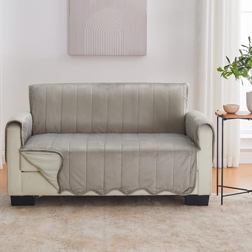 Image of Great Bay Home Velvet Loveseat Cover - Washable Slipcover Furniture Protector with Elastic Straps - Furniture Cover for Dogs, Kids, and Pets - Stitched Detail (Wild Dove Grey)