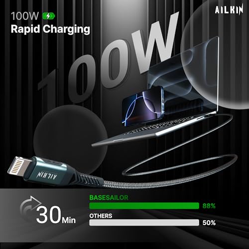 Image of USB C to Lightning Cable 100W Fast Charging with [Lifetime warrenty] 3M Long Type C Cable, 5A Power Delivery, 480Mbps Data Sync, Braided Cord Compatible with All Devices by AIL-Kin