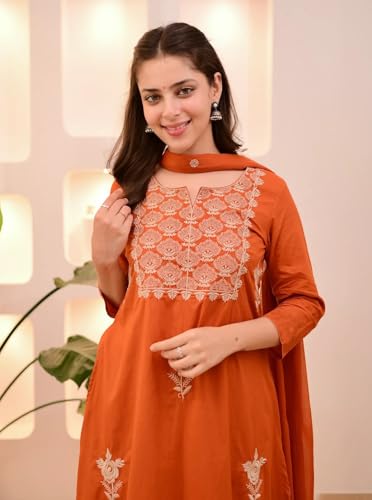 Image of Nermosa Women Embroidery Solid Straight Kurta and Pant Set with Dupatta