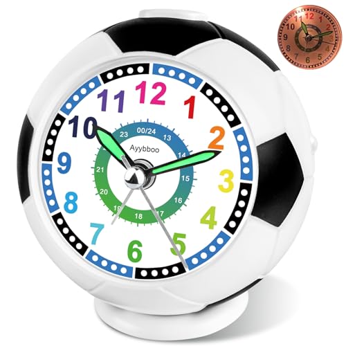 Ayybboo Reloj Despertador Infantil para Niña y Niño,Analógico Educativo Silencioso sin Tictac con Luz Nocturna y Snooze,Regalo para Vuelta al Cole（Fútbol - Azul）