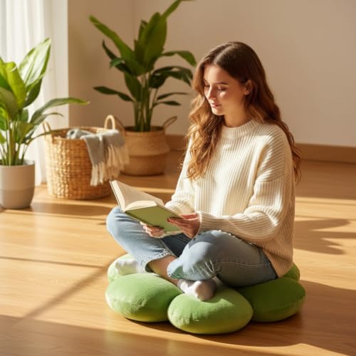 Image of AVSHUB Sunflower Motif 6 Petal Cute Preppy Decorative Throw Pillow|Floor Cushion with Fibre Filling for Aesthetic Decoration (T-Green, 50CM)