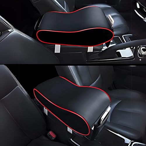 PegasusPremium 3D PU Leather Breathable Memory Foam Car Centre Console Armrest Cushion with Phone Pocket for All Cars (Black-Red)