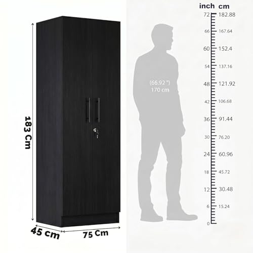 Image of FFO 2 Door Wardrobe | Multi-Purpose Wardrobe Organizer with Shelves | Engineered Wood Cupboard for Living Room, Bedroom & Office | Modern Sideboard Storage Unit Black DIY.