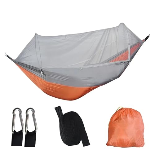 Single and Double Size Nylon Fabric Portable Travel Outdoor Camping Hanging Sleeping Hammock with Mosquito Net Camping Supplies for Terrace, Outdoor(Orange Grey)