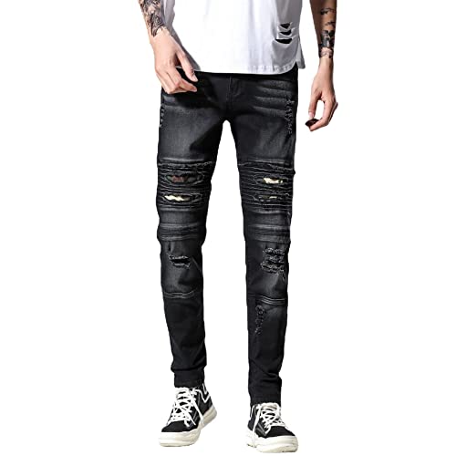 Men's Ripped Straight Holes Stretchy Jeans3