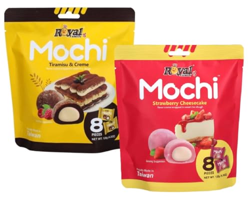 Royal Family Mochi 2er-Set: Tiramisu & Strawberry Cheesecake. 2x 120g Reiskuchen mit cremiger Füllung zart süß & köstlich. Ideal als Dessert oder Snack