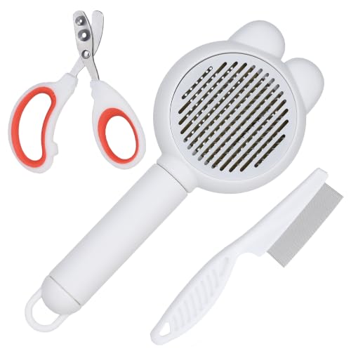 CHICGADGETS Kit de Cepillo para Perros y Gatos 3 en 1 – Cepillo Autolimpiante, Peine Fino y Cortauñas Seguro