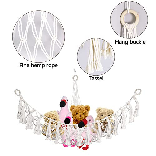 Hanging Stuffed Animal Hammock，Handmade Stuff Animal Organizer Storage With Boho Macrame Style，Corner Toy Net For Stuffed Animals (White　Plus Size) #TOP2