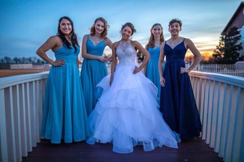 Image of V-Neck Prom Dresses for Women 2025 with Slit A Line Spaghetti Strap Sparkly Formal Party Evening Gown with Pockets,Peacock Blue,US02