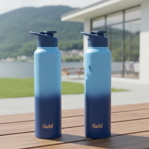 Image of Clazkit Dual Colored Stainless Steel Water Bottle |ISI Certified Leakproof, Durable for School Kids, Fridge, Sports, Gym, Yoga & Office - Easy to Clean & Reusable-1000ml - Set of 2 - Blue