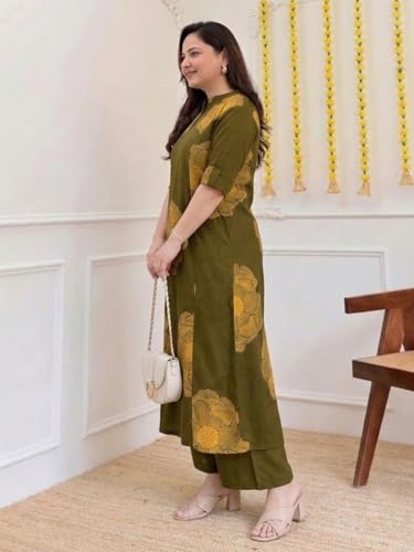 Image of ANNI Designer Women Viscose Blend Straight Fit Printed Kurta Palazzo Set | Mandarin Neck Outfit | Lightweight Breathable Fabric | Comfortable Elegant Styling for Office Casual Wear