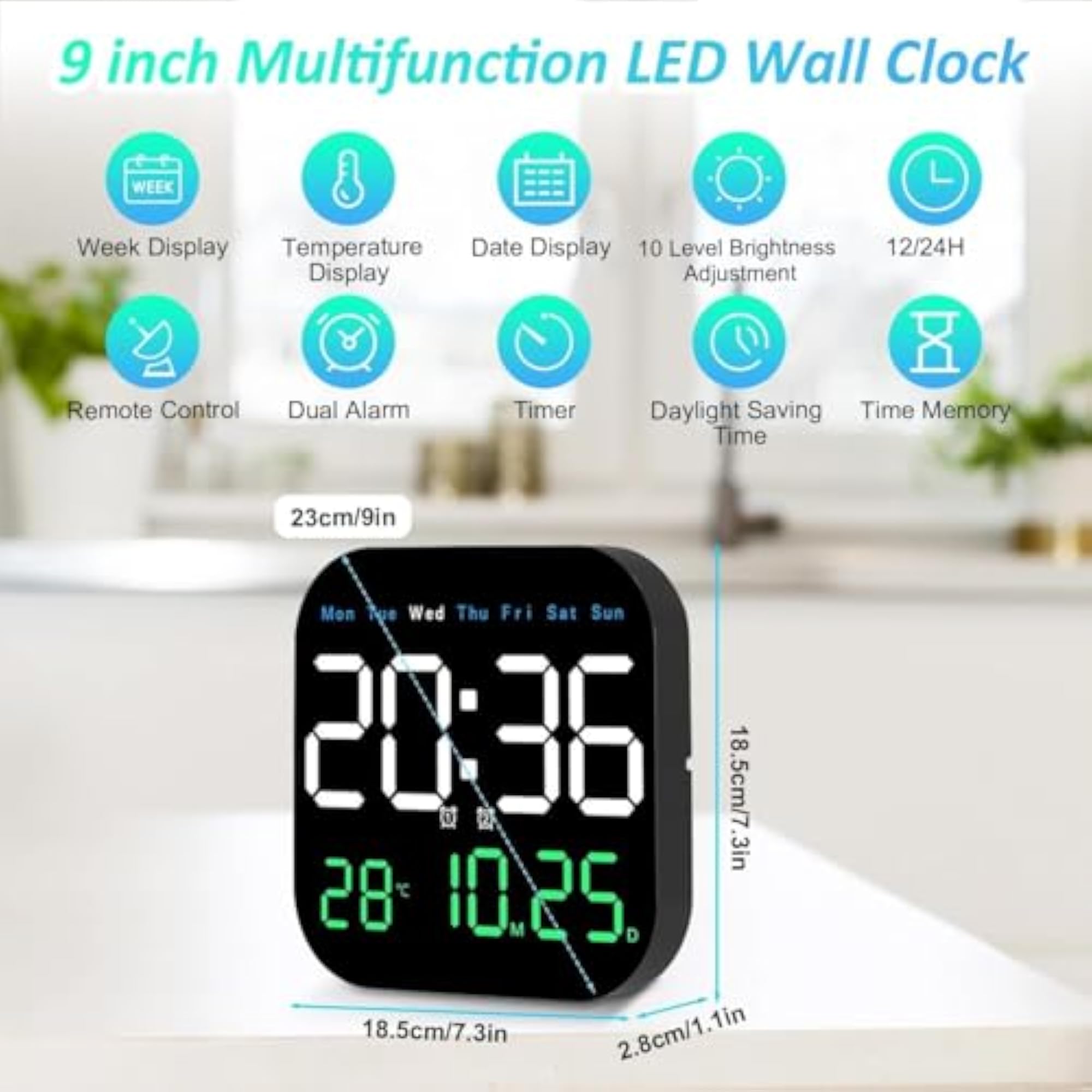 Digital Wall Clock 10.6 Inch LED Display for Living Room