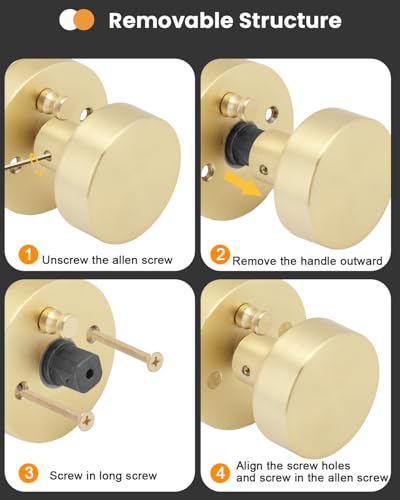 Image of Goldenwarm Gold Door Knobs Dummy, Zinc Alloy Keyless Brushed Gold Door Knobs for Closet and Bifold - Single Side Non Turning (2 Pack /4 Pieces)