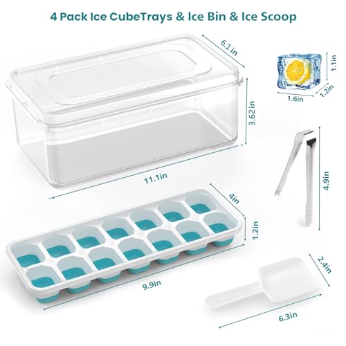 Ice Cube Tray 4 Pack, GEWTYOD Silicone Ice Cube Trays for Freezer, 56-Ice Trays for Freezer, Stackable Flexible Silicone, BPA Free Stackable Ice Tray for Cocktail,Beer (Blue)