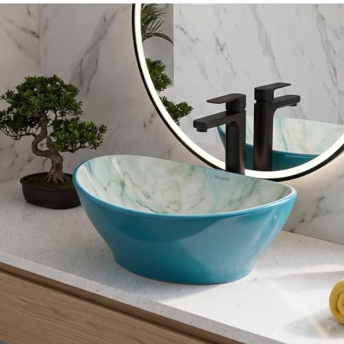 Image of Elegant Designer Ceramic Vessel Sink, Table Top Wash Basin for Bathroom, Hotel & Home Vanity Counter, Modern Over Counter Basin, 16 x 13 x 5.5 Inch