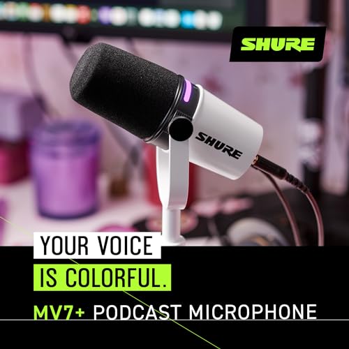 Image of Shure MV7+ Podcast Microphone. Enhanced Audio, LED Touch Panel, USB-C & XLR Outputs, Auto Level Mode, Digital Pop Filter, Reverb Effects, Podcasting, Streaming, Recording - White