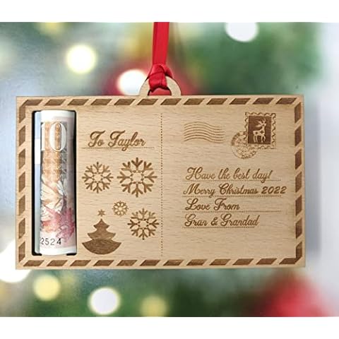 Personalised Christmas Tree Decoration Bauble Wooden Postcard Money Gift Family Baby Child 1st First Xmas 2022 Cover
