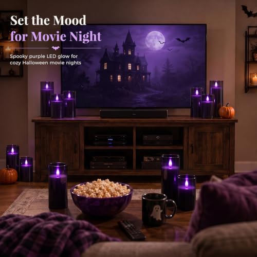 Image of Homemory Dark Gray Flameless Candles, Purple Glow, Remote Timer, Set of 9