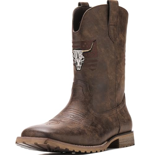 Image of JASONSTAR Western Cowboy Boots for men, Vintage Distressed Brown Square Toe Mid-Calf Boots with Longhorn Skull American Flag Embroidery, Non-Slip Rubber Sole Comfortable for Riding Outdoor Daily Wear