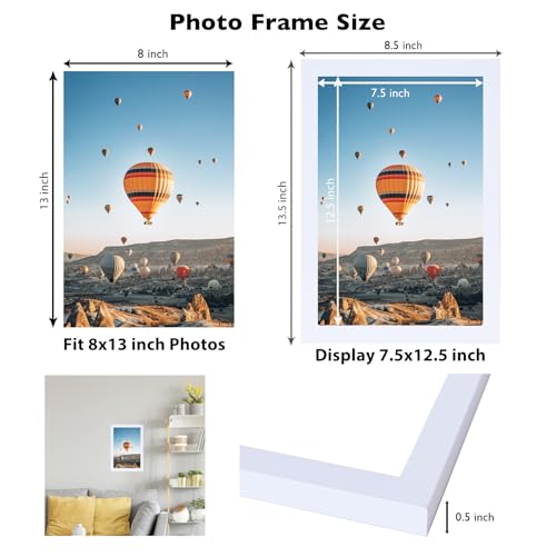 Image of JCJMY 8x13 Picture Frame White for Wall Hanging or Tabletop, Wall Mounting Horizontally or Vertically, 8 x 13 Wall Gallery Poster Photo Frame with Shatter Resistant Plexiglass, White