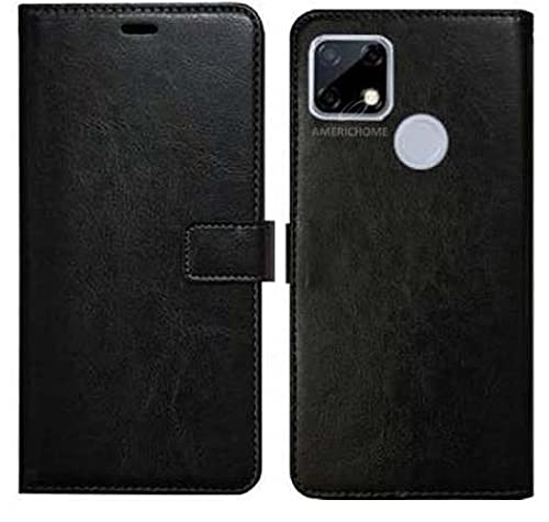 Image of Inside Rubber TPU with Card Pockets Magnetic Closure Protection Compatible with Realme C25, RMX3193 (Black)