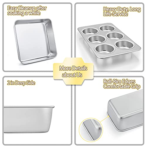 Teamfar Bakeware Sets, Stainless Steel Toaster Oven Baking Roasting Pans, Square/Round Cake Pan, Loaf Pan & Muffin Pan, Healthy & Heavy Duty, Smooth & Dishwasher Safe-5 Pcs #TOP5