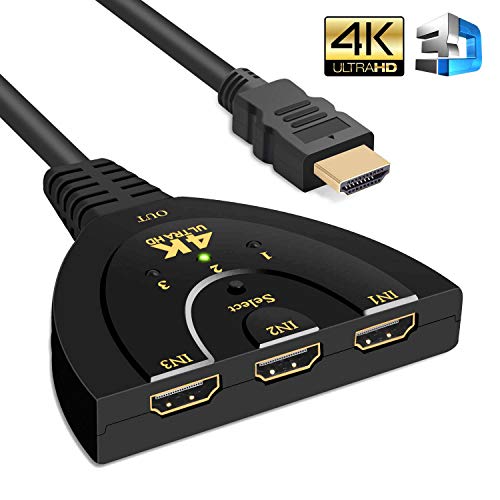 Jioustonic HDMI Switch, 4K 3-Port Splitter Switcher Hub with High Speed Pigtail Cable Supports Full HD 4K 1080p 3D Player