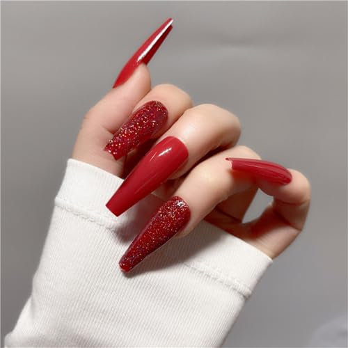 Crazynekos Uñas postizas largas con purpurina roja de Año Nuevo, uñas postizas a presión, decoración de uñas para mujeres y niñas, manicura 24 piezas