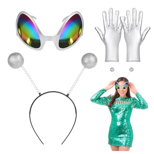 Ainiv Alien Stirnband und Brille Handschuhe, Party Head Boppers Stirnband Außerirdische Brille Silberne Handschuhe, Geeignet Als Foto-Requisiten Und Atmosphären-Requisiten für Erwachsene und Kinder