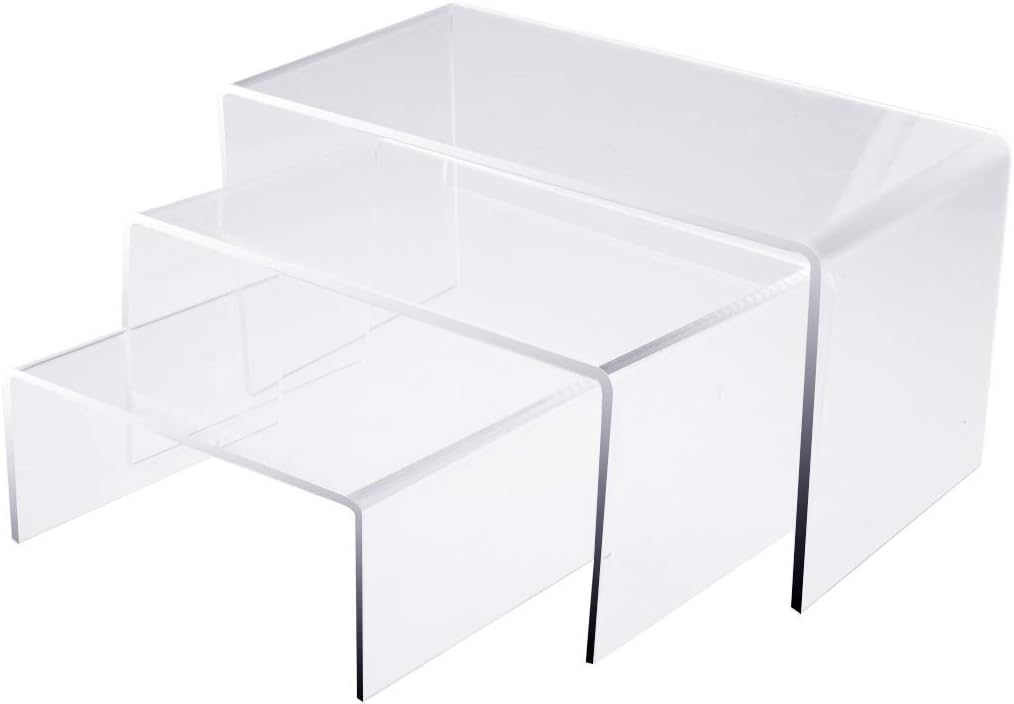 obmwang 3 Pack Clear Acrylic Riser Set, Acrylic Display Risers Shelf Showcase Fixtures for Jewelry, Display Stand (3 Sizes B)