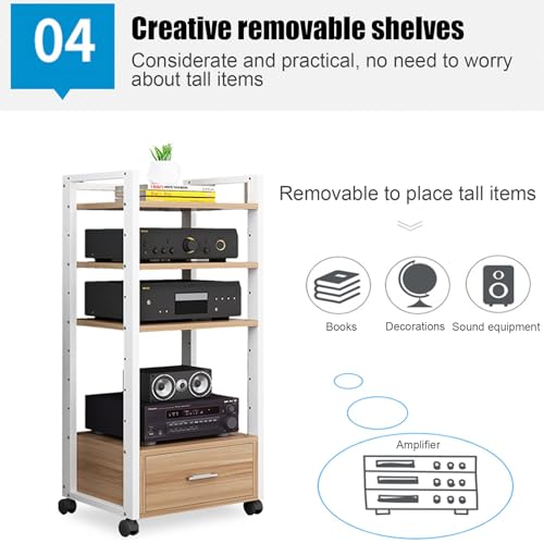Mobile Porta TV a 4 Ripiani con Ruote - Supporto Regolabile per Giradischi, Console di Gioco, Lettore Dvd e proiettore - Elegante Design in Metallo e Legno, Centro di intrattenimento salvasp