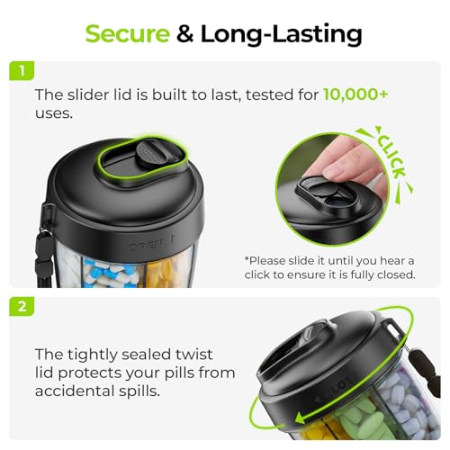 Image of AUVON Large Pill Dispenser Can Store 7 Various Supplements, Travel Pill Organizer Bottle with Anti-Mix Design, Arthritis-friendly Pill Holder with Wide Opening & Slider Lid, Includes 20 Blank Stickers