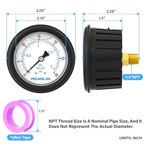 Image of MEANLIN MEASURE 0~30Psi Stainless Steel Liquid Filled Pressure Gauge 1 /4 inch NPT 2.5 inch FACE DIAL with Rubber Protective Sleeve, Center Back Mount