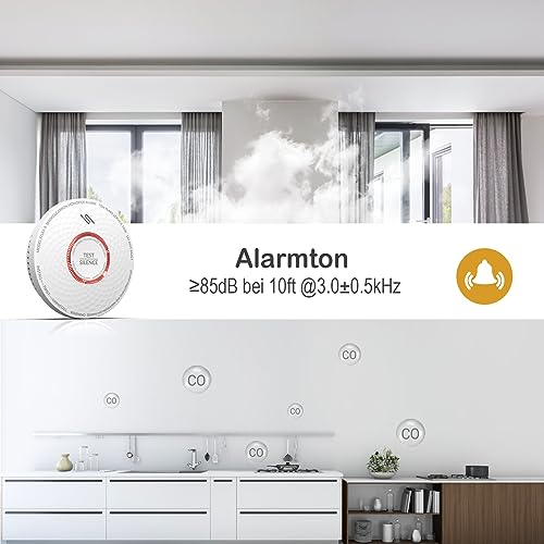 Andyssey kombinierter Rauch- und CO Melder, 10 Jahre Batterie, 2 in 1 Rauchmelder und Kohlenmonoxid Melder mit Prüftaste, nach EN14604 & EN50291 Standard Zertifiziert